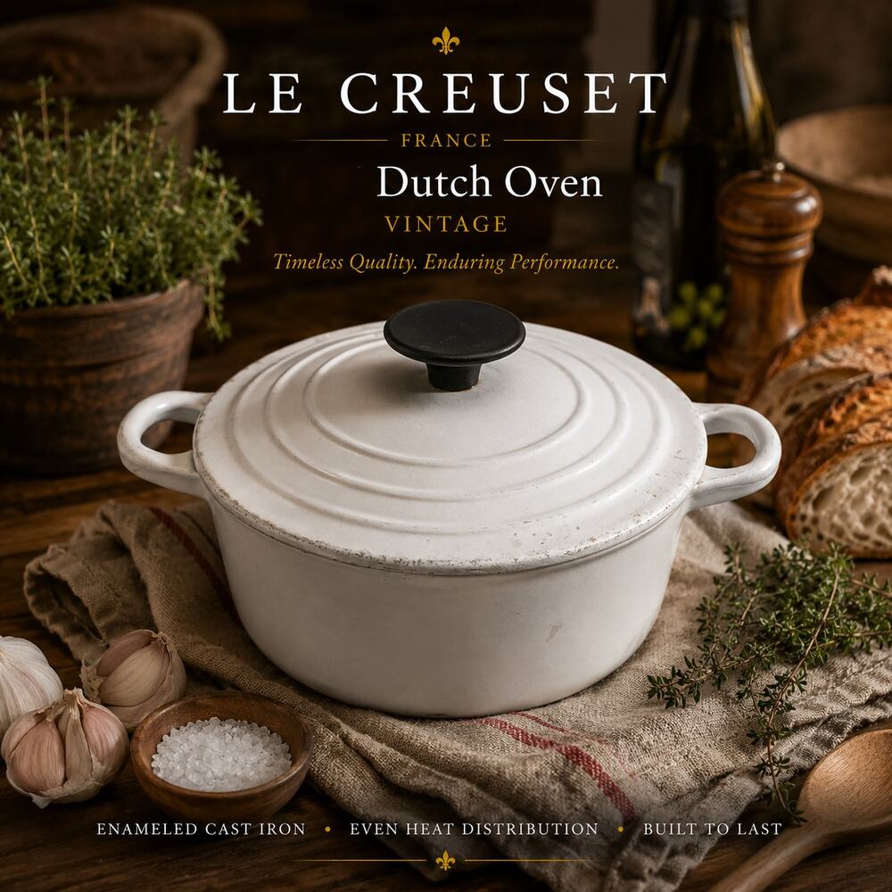 Vintage Le Creuset White Enameled Cast Iron Dutch Oven #18 w Lid France